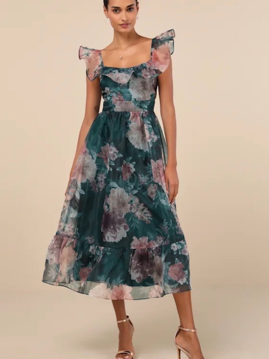 Lulus Dresses & Skirts - Lulu's Teal Floral Midi Dress with Pink and Cream Blooms